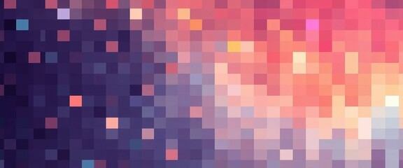 abstract pixelated background transitioning from deep purple to vibrant pink and orange hues with scattered highlights