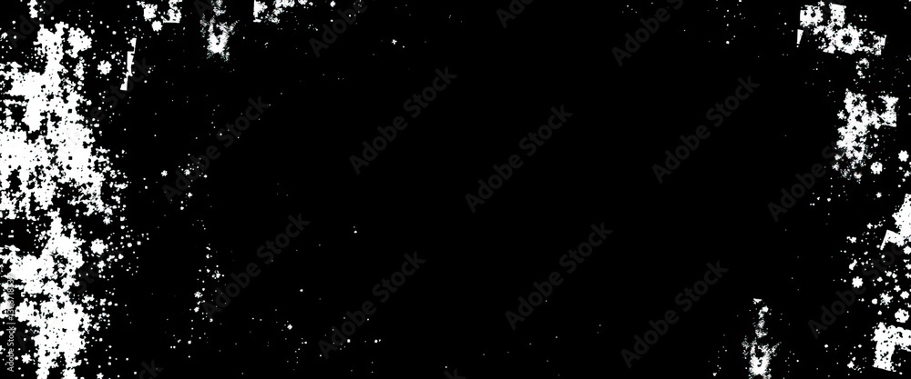 Aufkleber abstract featuring black background with asymmetrical white splatter and patterns along edges
