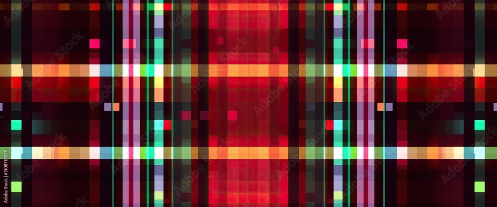 Poster Abstract pixelated pattern with horizontal and vertical lines in shades of red orange and green