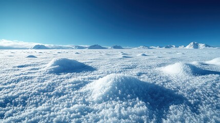 A frozen tundra with icy peaks under a deep blue, cloudless sky.