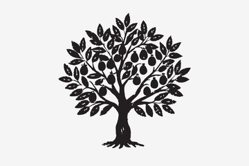 Fototapeta premium Olive tree line drawing on white and Black silhouette. Botanic tree logo mark design. Organic nature icon. Natural plant emblem. 