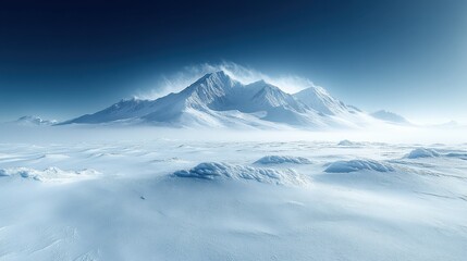 A frozen tundra with icy peaks under a deep blue, cloudless sky.