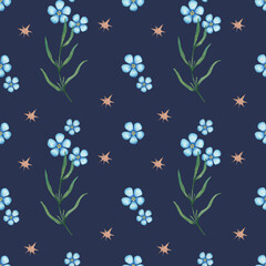 Seamless watercolor floral pattern with delicate wildflowers and leaves with golden stars on a deep blue background. Perfect for textiles, wallpapers, packaging, and elegant botanical designs.