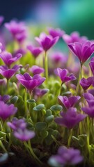 Obraz premium Macro shot of purple flowers with green leaves in natural environment, soft focus and blurred background, springtime floral scenery