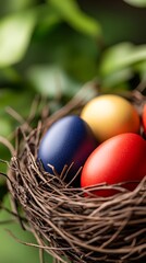 Colorful Easter Eggs Nestled in a Natural Twigs Nest Surrounded by Green Leaves in a Soft Focus Background