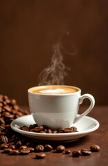 Steaming cup of coffee with latte art heart and coffee beans