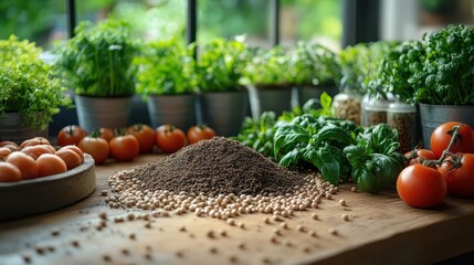 A gardening set on a wooden table, with soil, seeds, and gardening tools