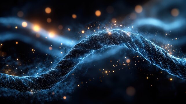 A futuristic DNA strand with glowing, twisting nodes on a black backdrop. - Powered by Adobe