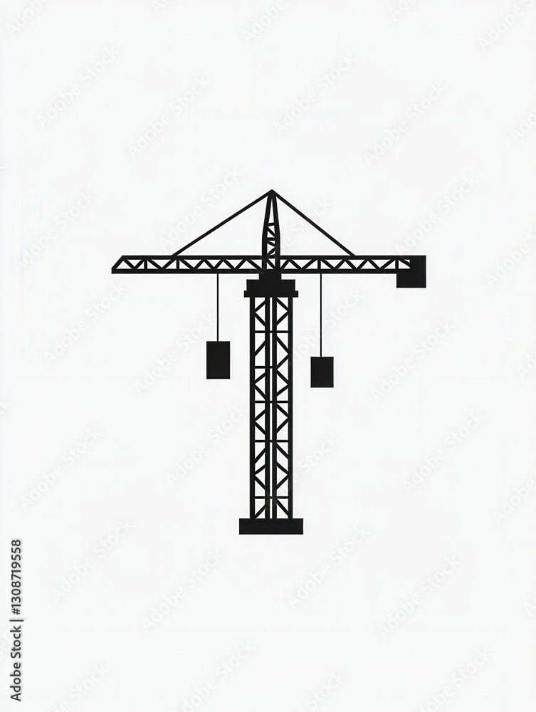 Poster minimalist construction logo featuring a tower crane lifting a block in simple line art style with a