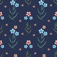 Seamless watercolor floral pattern with delicate wildflowers and leaves with golden stars on a deep blue background. Perfect for textiles, wallpapers, packaging, and elegant botanical designs.