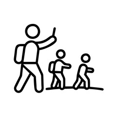 Students life  Field trip group with guide, line icon
