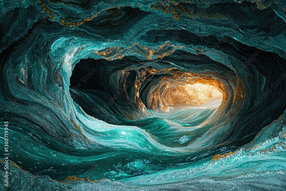 Aufkleber a mesmerizing teal and gold cave, resembling a swirling ocean within a subterranean world, illuminat