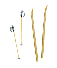 Skis and ski poles. Set of elements. Watercolor illustration, hand-drawn on isolated background. For decor, design, printing and polygraphy, advertising