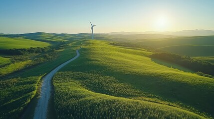 A gigantic wind turbine spinning against a backdrop of rolling green hills.