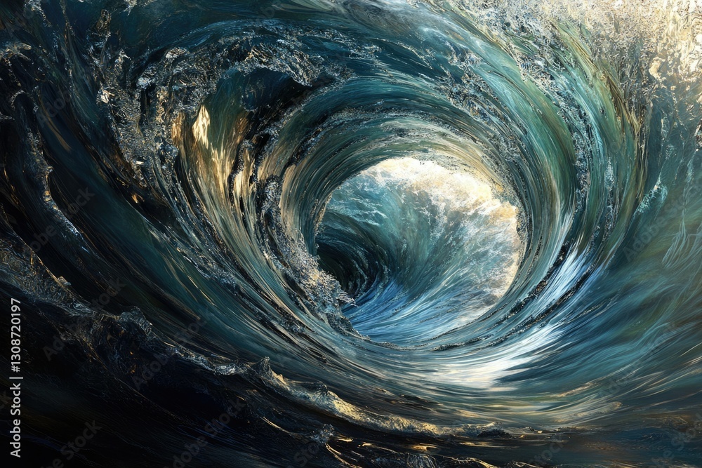 Poster a mesmerizing vortex of ocean waves, swirling with teal and gold hues, creating a captivating specta