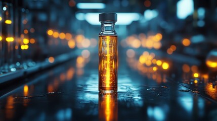 A glass vial of glowing liquid on a sleek black lab table.