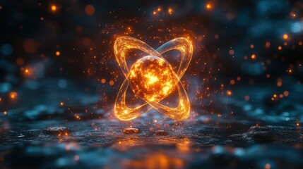 A glowing atom model surrounded by abstract swirling light.