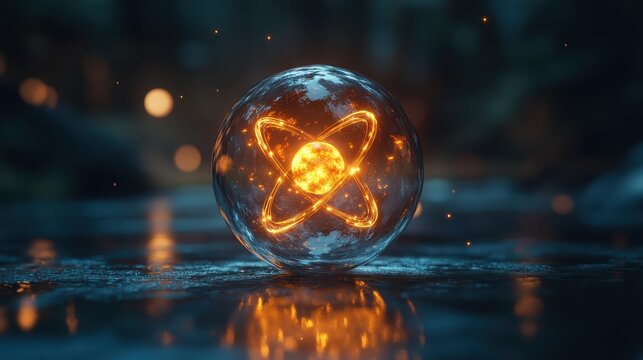 A glowing atom model surrounded by abstract swirling light. - Powered by Adobe
