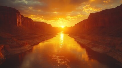 A glowing canyon bathed in twilight hues, with a river reflecting the golden sky.