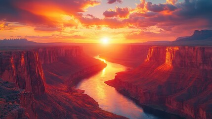 A glowing canyon bathed in twilight hues, with a river reflecting the golden sky.