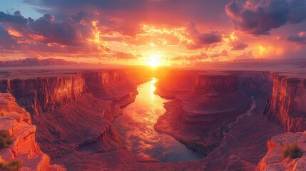 A glowing canyon bathed in twilight hues, with a river reflecting the golden sky.