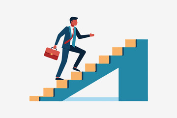 Progress or journey to success or achieve goal, business step or career path. businesswoman goes up career stairs to success. Vector illustration