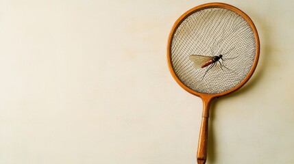 An electric mosquito swatter with a mosquito caught in the net.