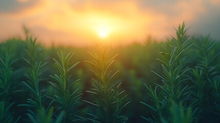 Golden Hour: A captivating image of the golden sun setting over a field of vibrant green plants. A serene and natural landscape.