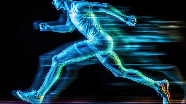 Dynamic blue energy runner sprinting at high speed in a futuristic style with motion blur and glowing lines