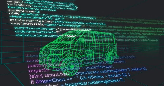 Overlaying programming code and mathematical formulas, digital wireframe of van