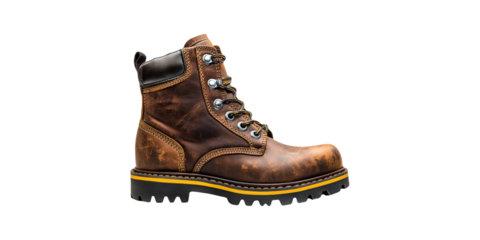 Brown leather work boot isolated on transparent background