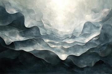 Fototapeta premium Abstract grayscale landscape painting depicting ethereal, undulating hills and valleys under a soft, luminous sky.