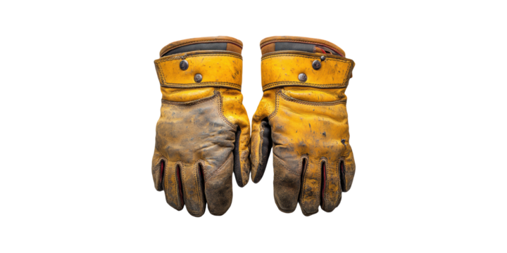 Worn yellow work gloves with black buttons isolated on transparent background