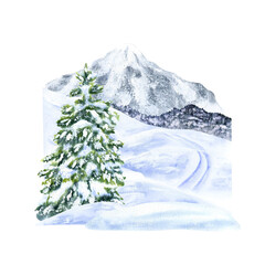 Winter mountain landscape. Peaks, forest, ski hill and spruce in the snow. Watercolor illustration, hand-drawn on the background isolated. For decor, design, printing and polygraphy, advertising