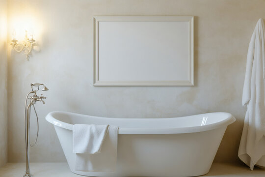 Serene bathroom interior showcasing a soaking tub and blank picture frame