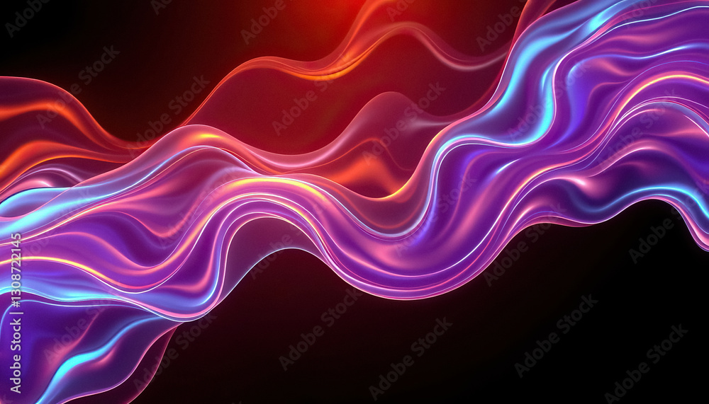 Poster iridescent flowing waves of light red and purple blend in mesmerizing dance on dark background