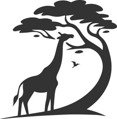 Giraffe stretching its neck upwards to eat from a tree vector silhouette