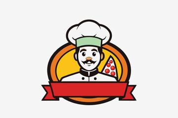 Emblem of man with pizza on white background Logo Free space for the name. Pizzeria chef logo vector illustration.