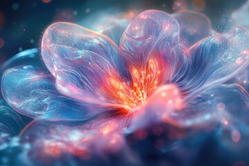Obraz premium A mesmerizing digital art depicting a luminous, translucent flower with vibrant orange and blue hues, radiating ethereal beauty.