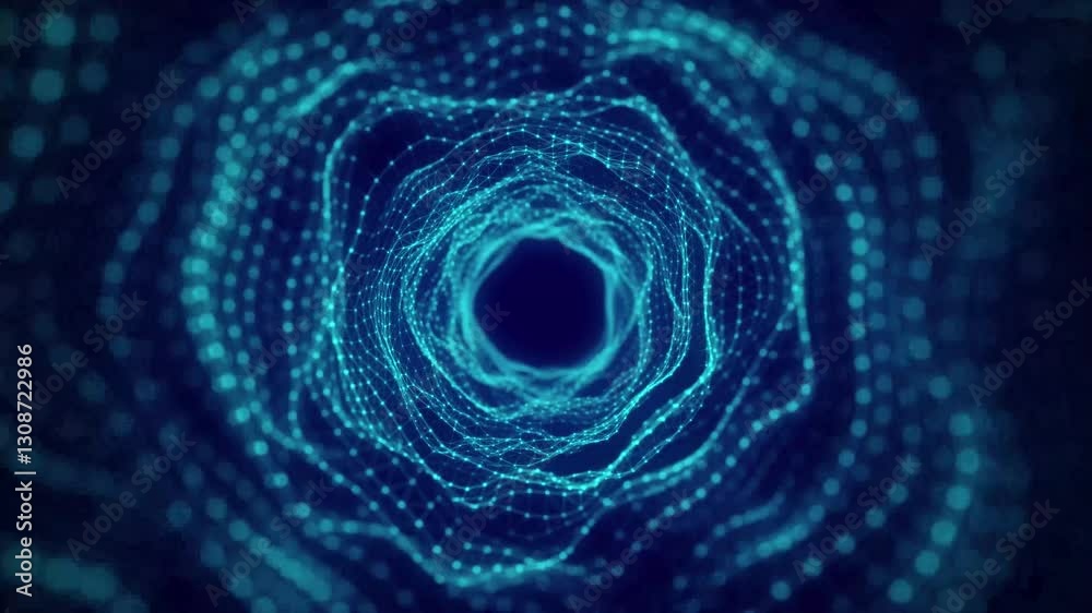 Poster futuristic moving wireframe tunnel in digital space. deep stunning pulsating wavy wormhole. data flo