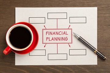A financial planning diagram with empty boxes, a coffee cup, and a pen, set on a wooden surface.