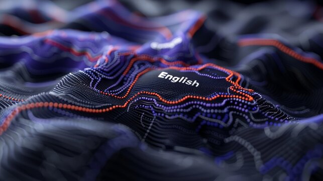 Futuristic digital landscape with english text in vibrant colors