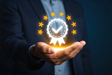 A hand holding a glowing badge symbolizing quality and achievement, surrounded by stars against a dark background.