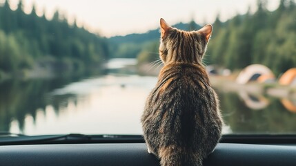 Traveling with a cat requires car safety and camping preparation. A cat sits on a car dashboard, gazing out at a peaceful lake surrounded by trees and tents, enjoying a serene outdoor adventure.