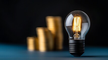 Vintage light bulb illuminating coins on a dark table with soft focus in the background and strong light contrast