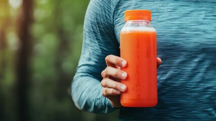 A person holds a vibrant orange smoothie bottle, dressed in activewear, set against a lush green background, suggesting a healthy lifestyle.