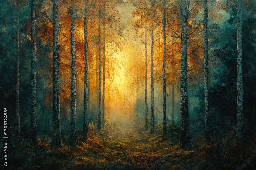 Poster golden sunlight filters through a misty autumn forest, illuminating slender birch trees along a path