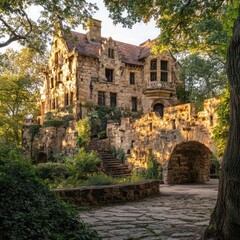 Fototapeta premium Stone house, bridge, autumn trees, sunlight.