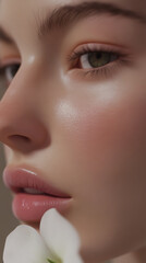 Fototapeta premium close up of woman face with smooth skin and serene expression, holding white flower. image highlights her natural beauty and delicate features