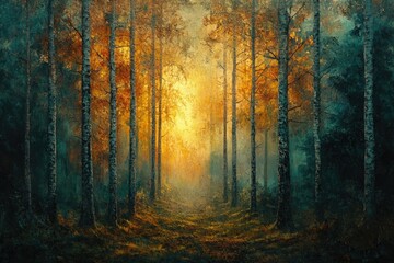 Obraz premium Golden sunlight filters through a misty autumn forest, illuminating slender birch trees along a path.